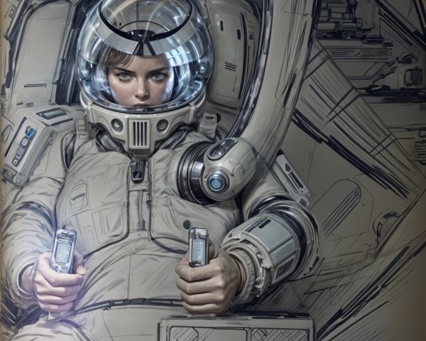 Futuristic astronaut in high-tech spacecraft cockpit