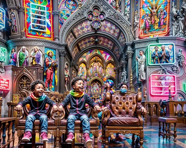Joyful Boys in Colorful Scarves in Fantastical Church