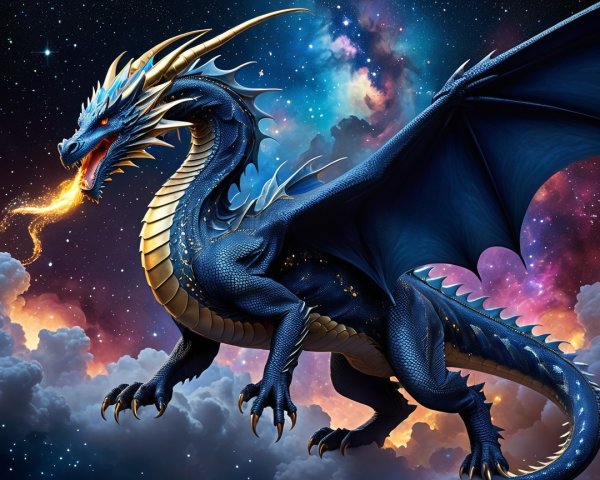Majestic blue dragon in a cosmic galaxy setting