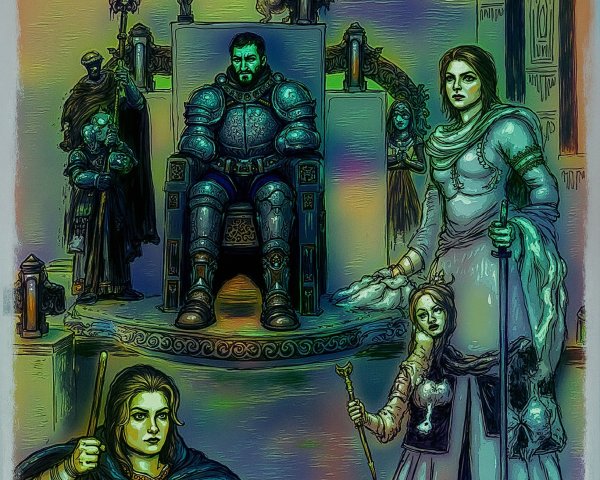 Fantastical Throne Scene with Armored Central Figure