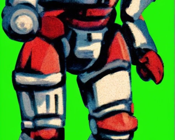 Stylized Red and White Robotic Figure on Green Background
