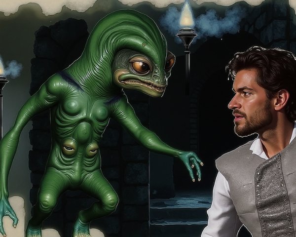 Dimly Lit Chamber with Alien Encounter and Shadows