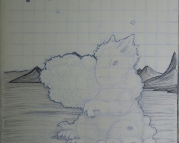 Whimsical Creature in Mountain Landscape with Stars