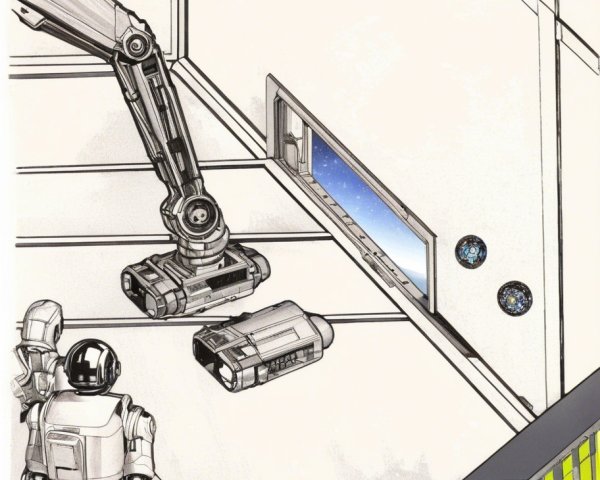 Futuristic Robots Observing Space Landscape Through Window