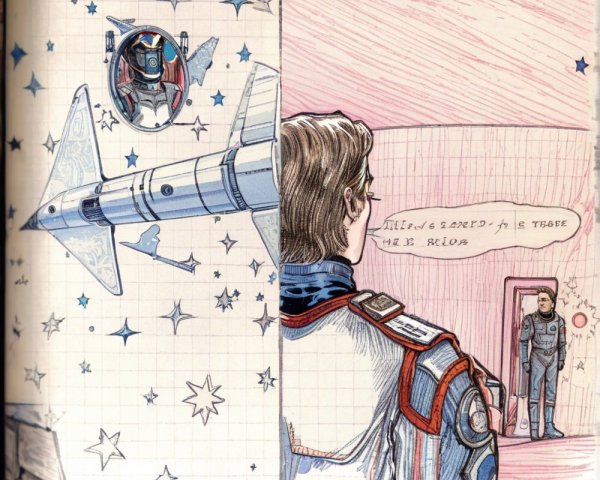 Space-Themed Illustration with Rocket Ship and Figure