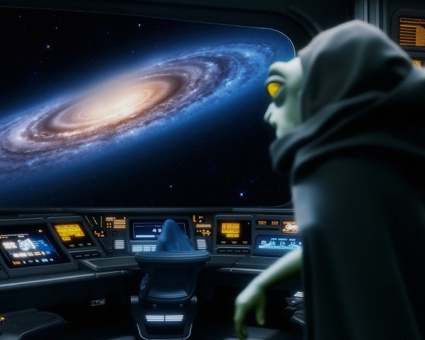 Alien in Futuristic Spaceship Control Room with Galaxy View