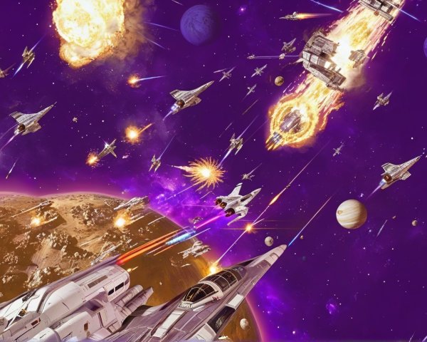 Vibrant Space Battle with Starships and Explosions