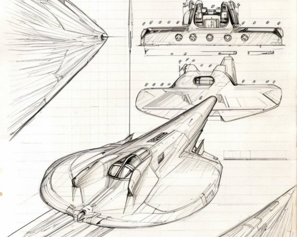 Detailed Technical Sketch of a Futuristic Spacecraft