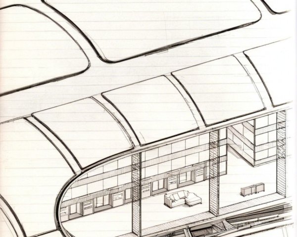 Detailed Sketch of Modern Multi-Level Interior Design