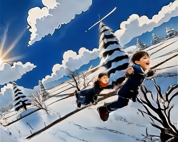 Children Flying Over Snowy Hill Under Blue Sky