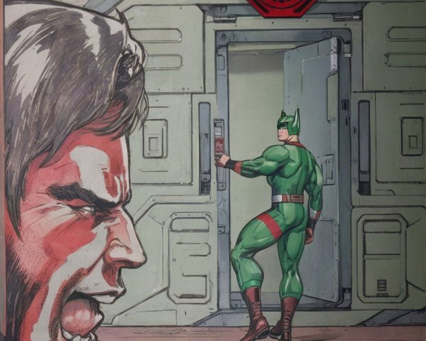 Hero in Costume Faces Door with Tension and Futuristic Elements