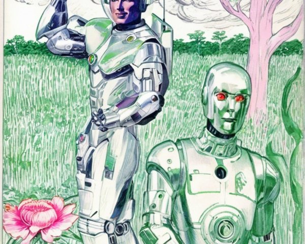 Futuristic humanoid in silver spacesuit with robot companion