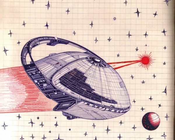 Futuristic Spaceship Drawing on Graph Paper with Stars