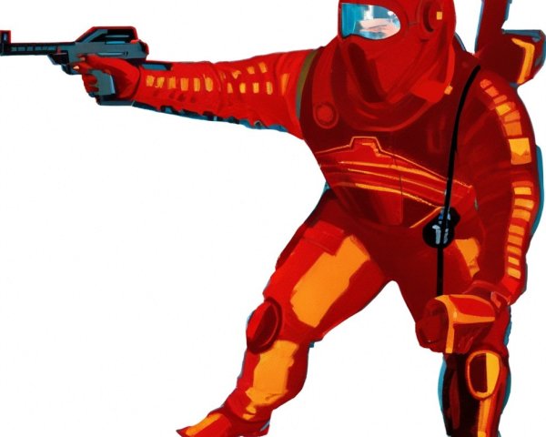 Futuristic soldier illustration in vibrant red suit