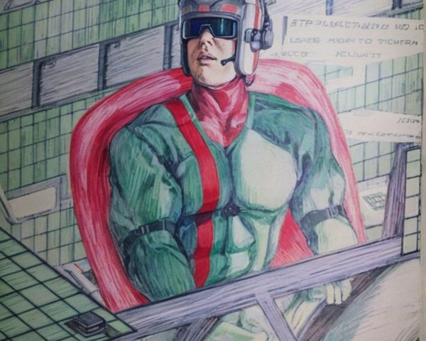 Muscular Superhero in High-Tech Cockpit Setting