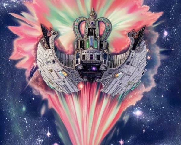 Intricate Spaceship Amidst Cosmic Explosion and Galaxies