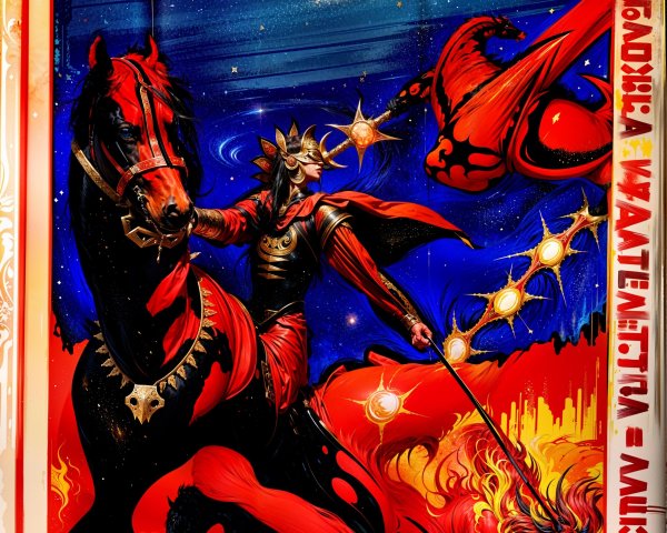 Digital painting of a warrior on a black horse in flames
