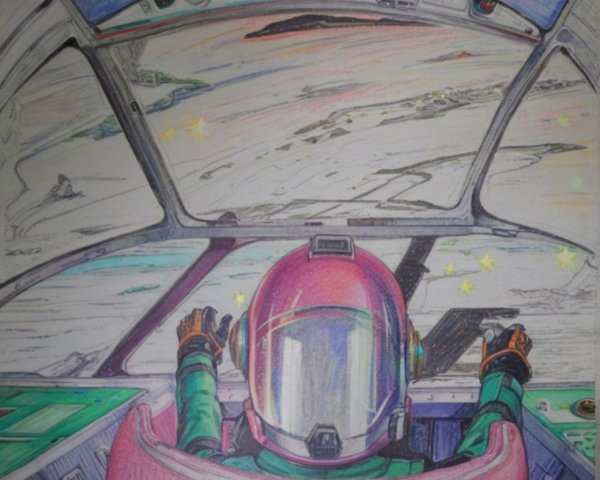 Colorful Hand-Drawn Spacecraft Cockpit View