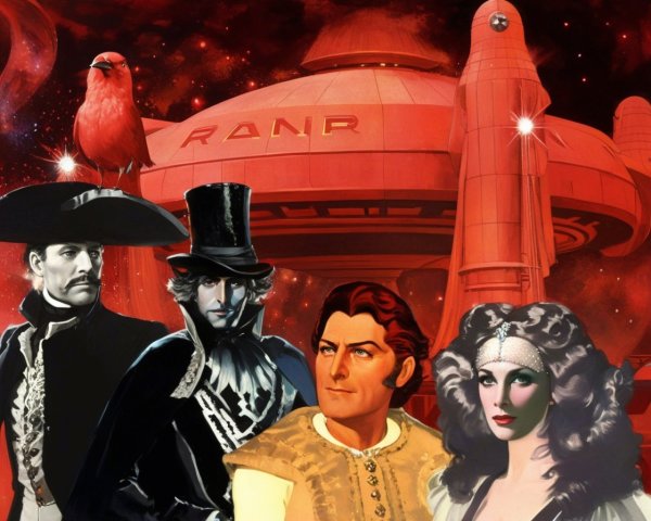 Vibrant Sci-Fi Scene with Red Spacecraft and Figures