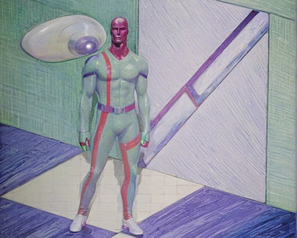 Superhero Figurine on Patterned Floor with Abstract Background
