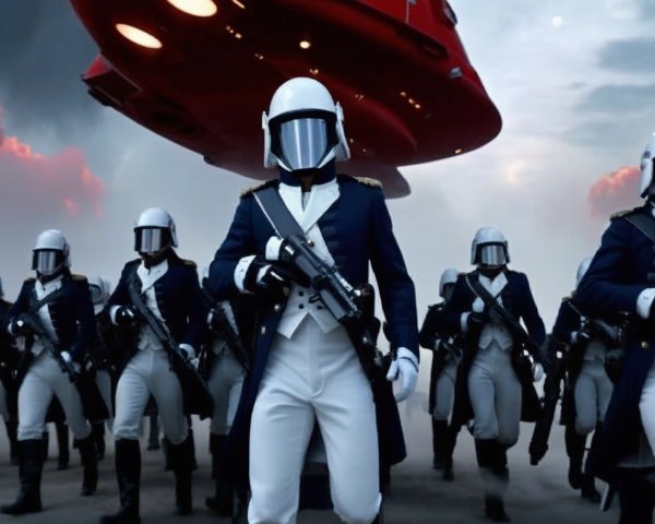 Futuristic soldiers in blue uniforms with spacecraft backdrop