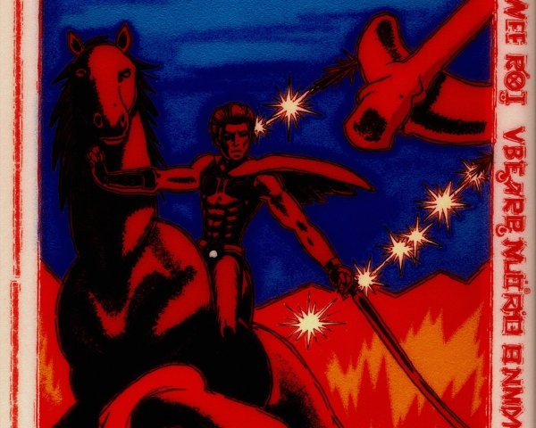 Heroic Figure on Horse with Sword in Vibrant Landscape
