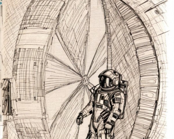 Astronaut in Circular Space Structure with Mechanical Details