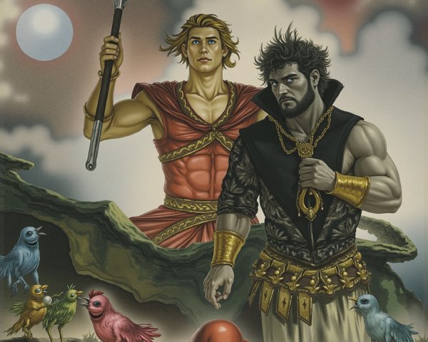 Warriors in a Mystical Landscape with Vibrant Creatures