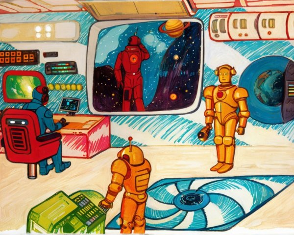 Retro-Futuristic Spaceship Control Room Scene