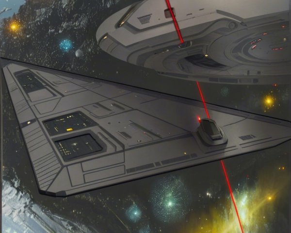 Futuristic Space Scene with Triangular and Circular Spacecraft