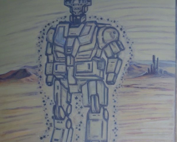 Stylized Robot in Desert Landscape with Celestial Elements