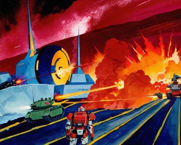 Vibrant Sci-Fi Scene with Robot and Explosions