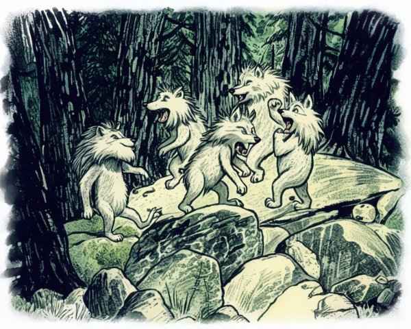 Whimsical Illustration of Playful Wolves in Forest