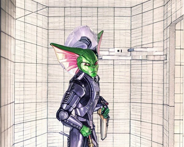 Futuristic character in metallic suit with knife in hand
