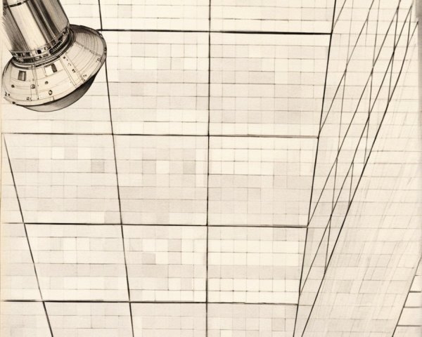 Futuristic Minimalist Scene with Figures and Spacecraft