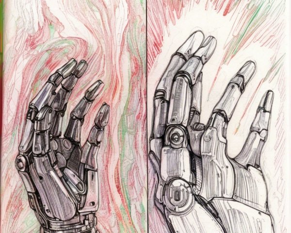Detailed Sketch of Two Robotic Hands with Patterns