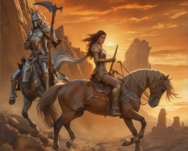 Knight and Female Warrior in Rugged Sunset Landscape