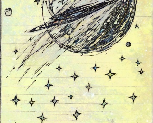 Whimsical Planet with Rings and Stars on Yellow Background