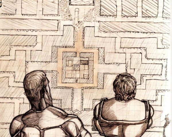 Muscular Figures Analyzing City Blueprint Design