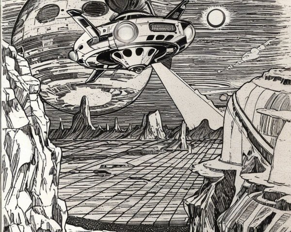 Futuristic Spaceship Over Alien Landscape in Black and White