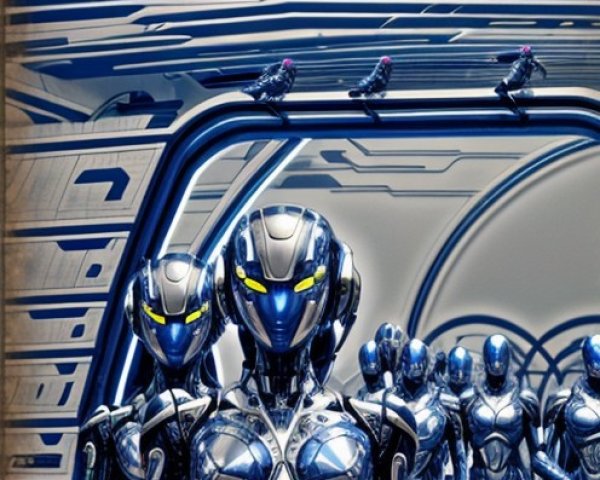 Futuristic Scene with Blue Robotic Figures in Tech Environment