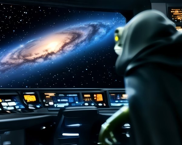Cloaked Figure in Futuristic Control Room Overlooking Galaxy