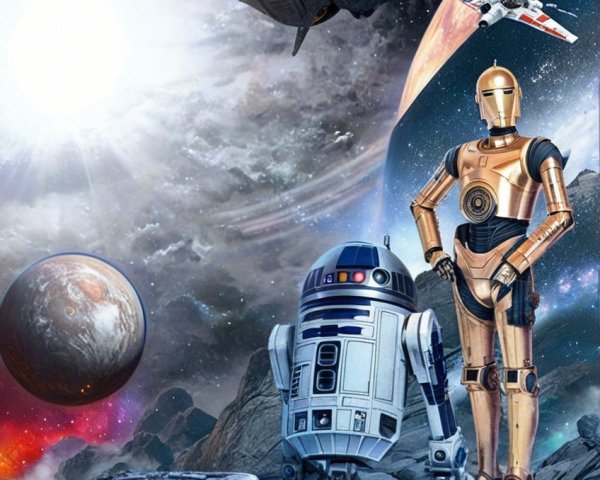 Vibrant Sci-Fi Cosmic Landscape with Robots and Planets