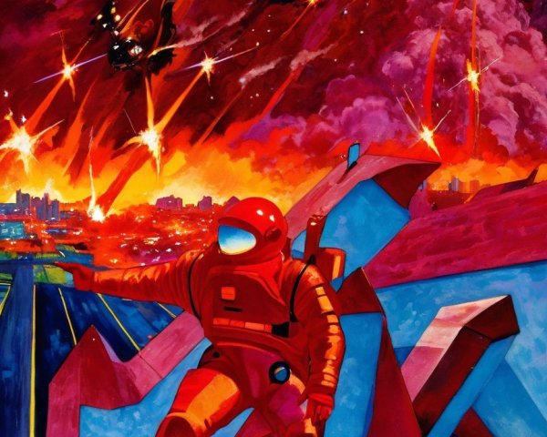 Retro-Futuristic Astronaut Amid Explosions and Cityscape