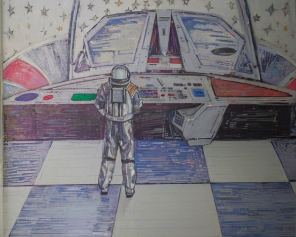 Astronaut in Futuristic Control Room with Cosmic View