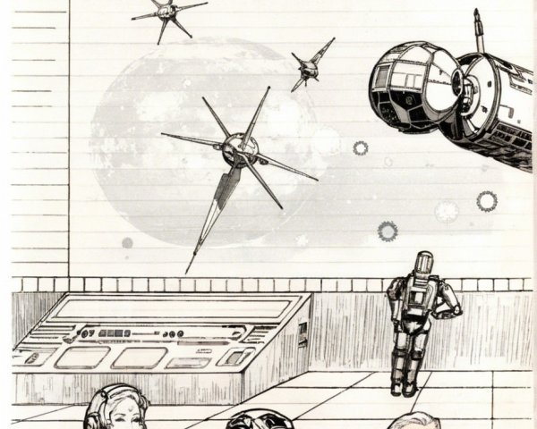 Futuristic Space Scene with Astronauts in Control Room