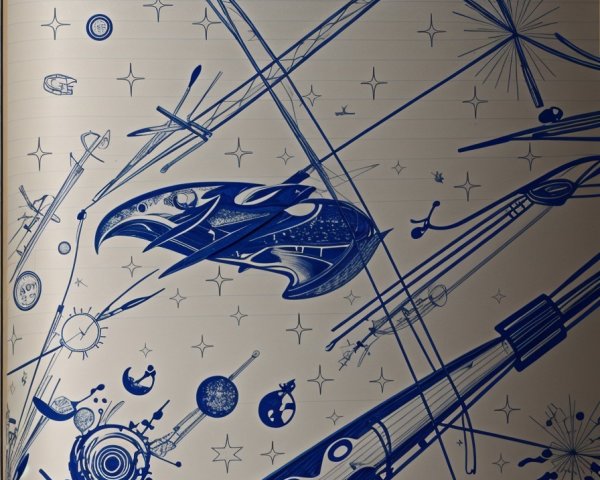 Intricate Blue Line Art of a Cosmic Scene