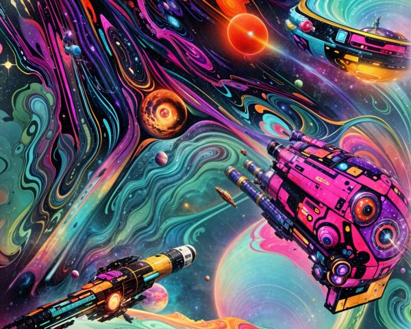 Psychedelic Space Scene with Unique Futuristic Spaceships