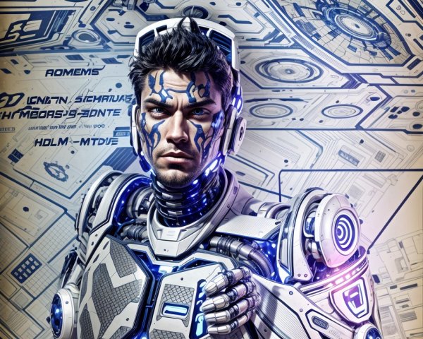 Futuristic figure in metallic suit with high-tech backdrop