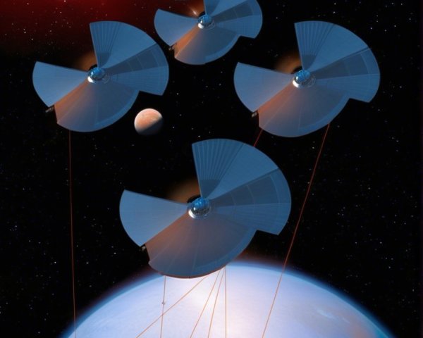 Futuristic spacecraft network with solar sails in space